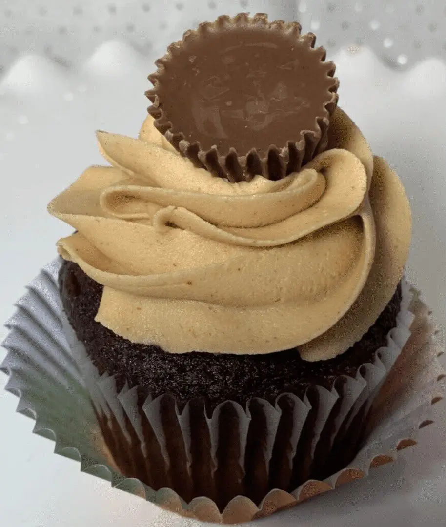 A cupcake with peanut butter frosting and chocolate.